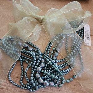 Vintage NWT Monet Blue Stacked Pearl Necklace with champagne Ribbon